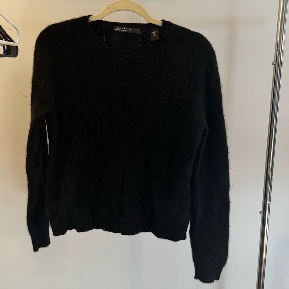 LORD & TAYLOR, cashmere, black sweater, pattern is cable knit